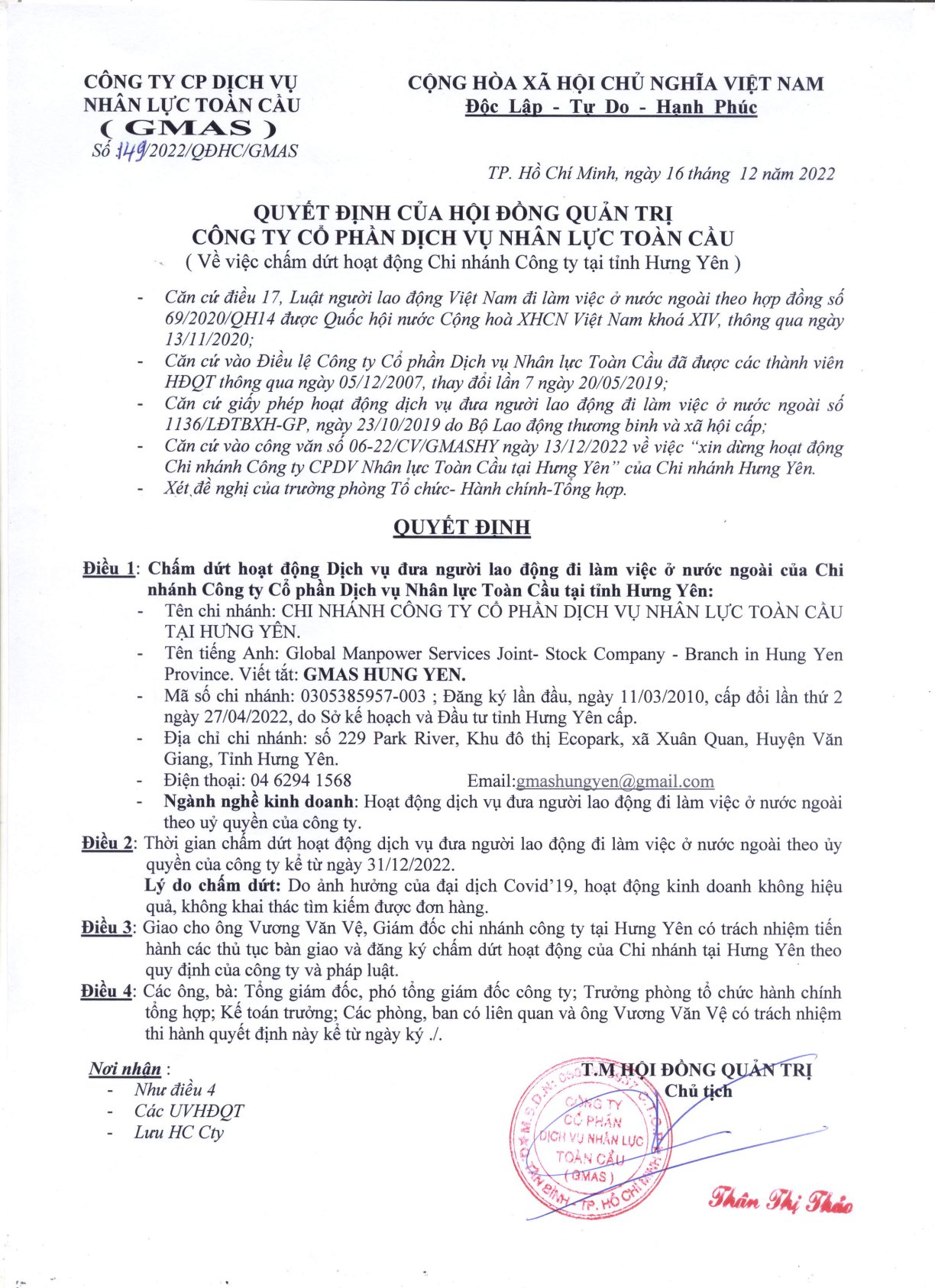 THÔNG BÁO: GIẢI THỂ CHI NHÁNH HƯNG YÊN 25 0