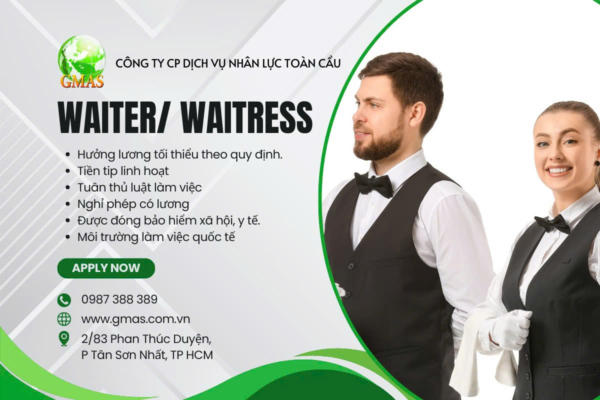 Tuyển waiter/waitress làm tại châu Âu 150 w chau au