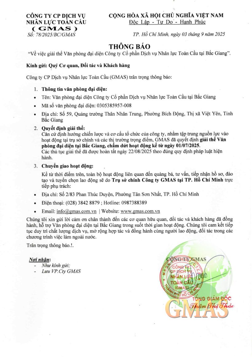 Thông báo giải thể văn phòng Bắc Giang 25 gia the