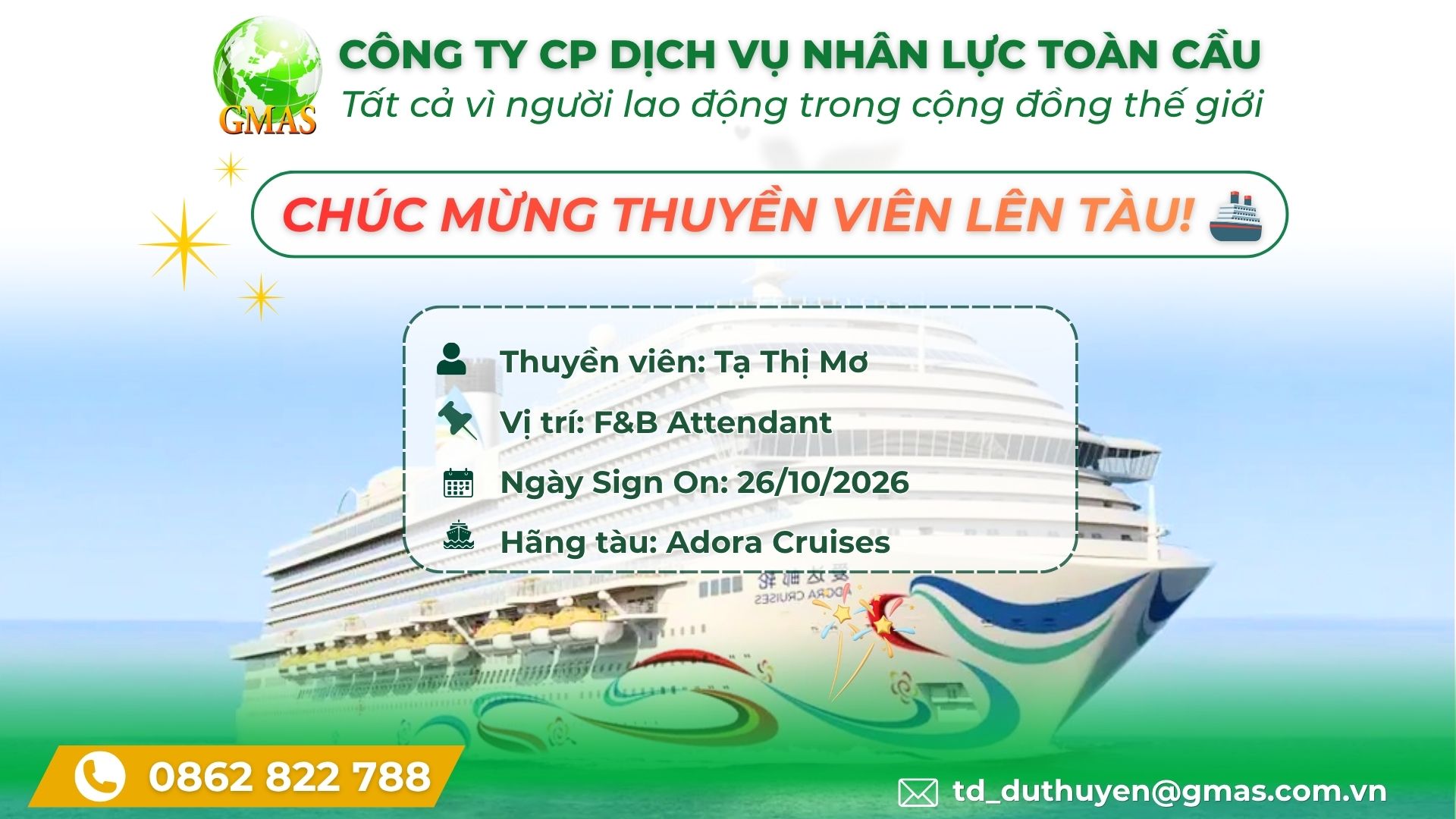 CHÚC MỪNG CHỊ TẠ THỊ MƠ CHÍNH THỨC SIGN ON ADORA CRUISES 🚢 1 ta thi mo 26 10